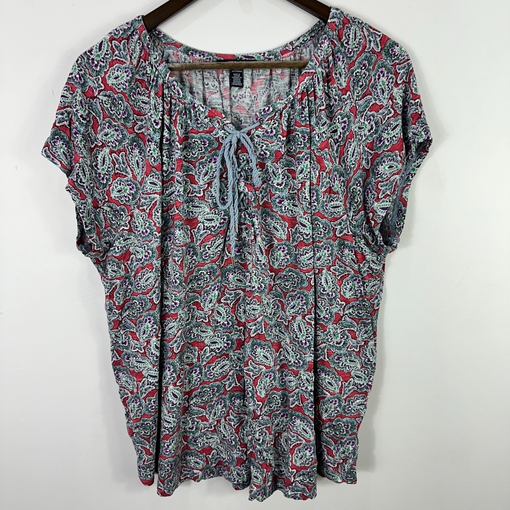 Chaps Peasant Top Womens 2X Paisley Tie Neck Blue Red Short Sleeve Boho Indie
